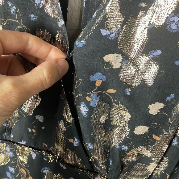 SOLD New BA&SH Lady Dress Floral Metallic Tee Silk Midi V Neck Short Sleeve XS - Picture 15 of 16
